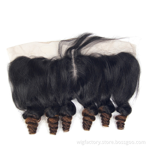 Wholesale 100% unprocessed human fumi bouncy curl, two tone human hair weave with closure